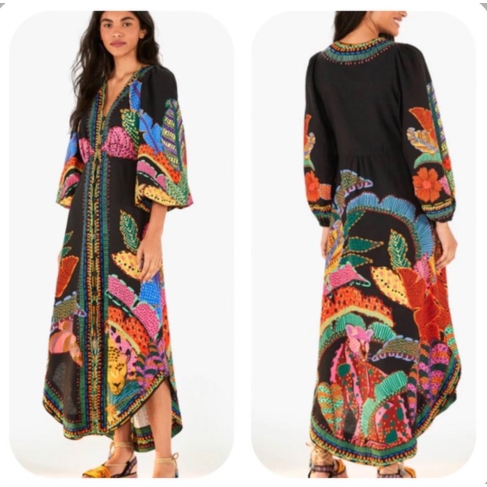 Farm Rio Black Cool Leopard Maxi Dress Womens Medium Black Puff Sleeve Boho